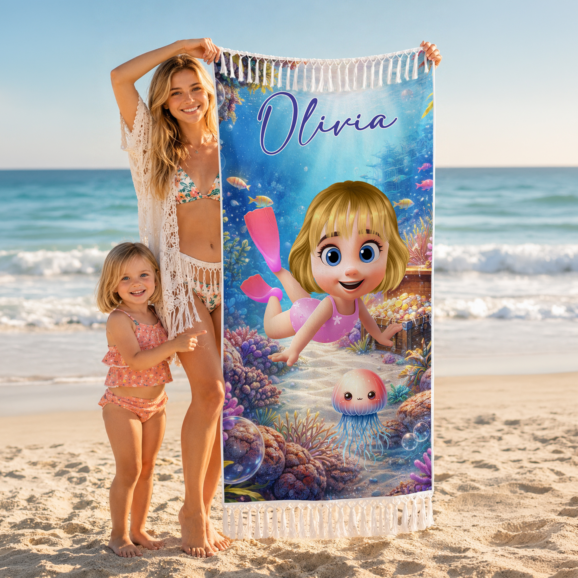 Individuell gestaltetes, niedliches 3D-Strandtuch mit Tauchfigur aus schnell trocknendem Mikrofaser-Material und Quasten, mit Namen und Ziehbandbeutel – Sommerurlaubsgeschenk für Kinder und Erwachsene