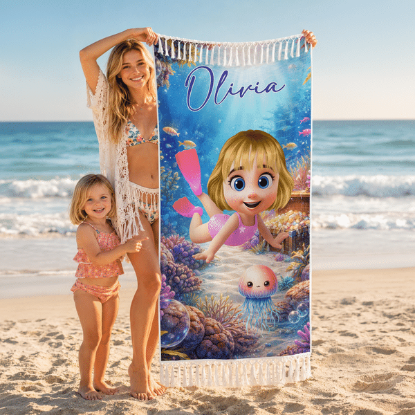 Personalized Cute 3D Diving Character Quick Dry Microfiber Tassel Beach Towel with Name and Drawstring Bag Summer Vacation Gift for Kid Adult