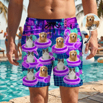 Personalized Pool Theme Cyber Neon Style Beach Shorts with 1-3 Photos and Drawstring Summer Vacation Essential Birthday Gift for Men Pet Lovers