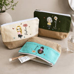 Personalized Cartoon Character Birth Flower Linen Patch Canvas Makeup Bag with Name Travel Toiletry Use Birthday Gift for Her