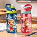 Personalised Cute Cartoon Animal 16 oz Water Bottle with Straw and Name Daily Use Birthday Back to School Gift for Kid Boy Girl