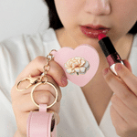 Personalized Birth Flower PU Leather Lipstick Case Keychain with Name and Heart-Shaped Mirror Makeup Essentials Birthday Gift for Women