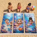 Personalised Cute 3D Diving Character Quick Dry Microfiber Tassel Beach Towel with Name and Drawstring Bag Summer Vacation Gift for Kid Adult