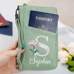 Personalised Mother of Pearl Effect Birth Flower Initial Portable PU Leather Passport Holder Wallet with Name Travel Birthday Gift for Travel Lovers