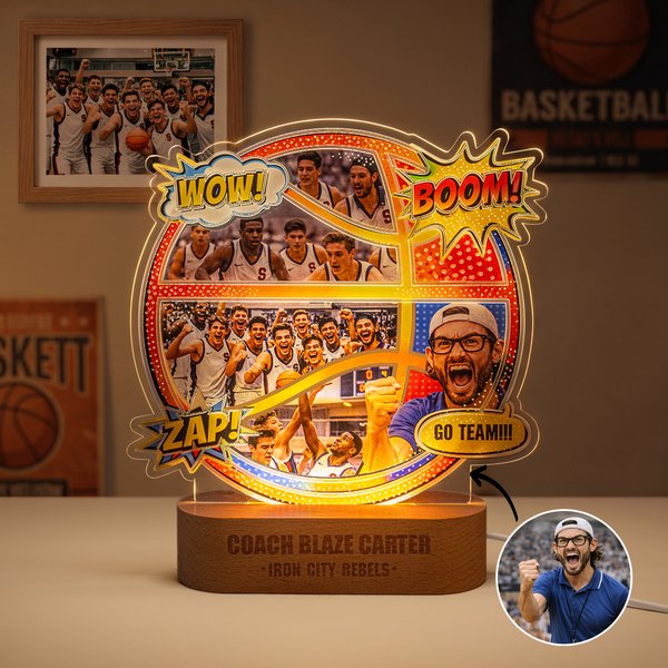 Personalized Basketball Comic Style Photo Acrylic LED Night Light with Name Home Decor Graduation Birthday Gift for Coach