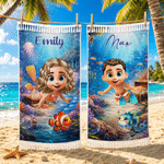 Personalised Cute 3D Diving Character Quick Dry Microfiber Tassel Beach Towel with Name and Drawstring Bag Summer Vacation Gift for Kid Adult