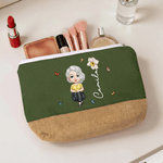 Personalized Cartoon Character Birth Flower Linen Patch Canvas Makeup Bag with Name Travel Toiletry Use Birthday Gift for Her