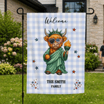 Bandiera da giardino personalizzata con statua della mucca delle Highlands e scritta 