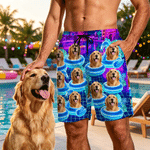 Personalized Pool Theme Cyber Neon Style Beach Shorts with 1-3 Photos and Drawstring Summer Vacation Essential Birthday Gift for Men Pet Lovers