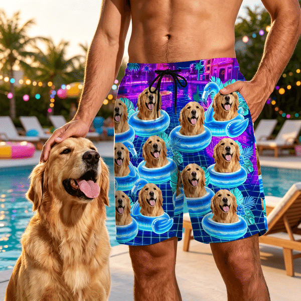 Personalized Pool Theme Cyber Neon Style Beach Shorts with 1-3 Photos and Drawstring Summer Vacation Essential Birthday Gift for Men Pet Lovers