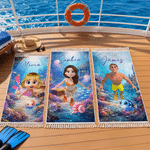 Personalised Cute 3D Diving Character Quick Dry Microfiber Tassel Beach Towel with Name and Drawstring Bag Summer Vacation Gift for Kid Adult