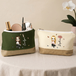 Personalized Cartoon Character Birth Flower Linen Patch Canvas Makeup Bag with Name Travel Toiletry Use Birthday Gift for Her