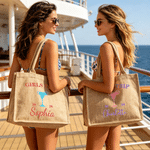 Personalised Palm Tree Pineapple Beach Vacation Elements Large Capacity Jute Tote Bag with Name Text and Year Daily Use Birthday Gift for Friends