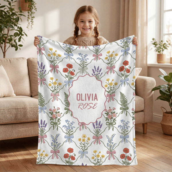 Personalised Vintage Bow Flower Soft Throw Blanket with Name Nursery Decor Baby Shower Gift for Baby Girls Toddlers