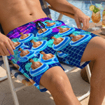 Personalized Pool Theme Cyber Neon Style Beach Shorts with 1-3 Photos and Drawstring Summer Vacation Essential Birthday Gift for Men Pet Lovers