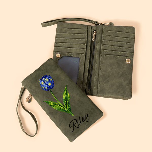 Personalisierte Galaxy-Geburtsblumen-Geldbörse aus PU-Leder mit Handschlaufe und Namensgravur – Geburtstagsgeschenk für Frauen und Mütter