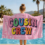 Personalised Cousin Crew Kid Word Cloud Oversized Quick Dry Beach Towel with Name Summer Holiday Essential Birthday Gift for Kids