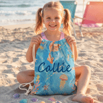 Personalized Watercolor Sea Creature Drawstring Storage Bag with Name Summer Vacation Beach Party Birthday Gift for Boys Girls