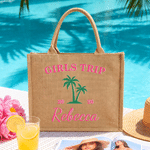 Personalised Palm Tree Pineapple Beach Vacation Elements Large Capacity Jute Tote Bag with Name Text and Year Daily Use Birthday Gift for Friends