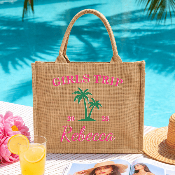 Personalised Palm Tree Pineapple Beach Vacation Elements Large Capacity Jute Tote Bag with Name Text and Year Daily Use Birthday Gift for Friends