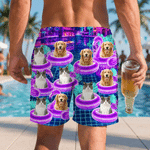 Personalized Pool Theme Cyber Neon Style Beach Shorts with 1-3 Photos and Drawstring Summer Vacation Essential Birthday Gift for Men Pet Lovers