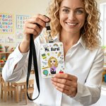 Personalized Cartoon Teacher Character PU Leather ID Card Badge Holder with Lanyard and Text Teacher's Day Back to School Gift for Teacher