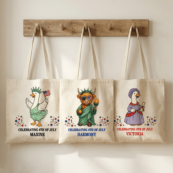 Personalisierte Leinwand-Tragetasche mit Highland-Kuh-, Gans- und amerikanischer Flaggen-Motiv, mit Namen, für den täglichen Gebrauch – Geschenk zum Unabhängigkeitstag am 4. Juli für Jungen, Mädchen u