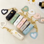 Personalized Birth Flower PU Leather Lipstick Case Keychain with Name and Heart-Shaped Mirror Makeup Essentials Birthday Gift for Women