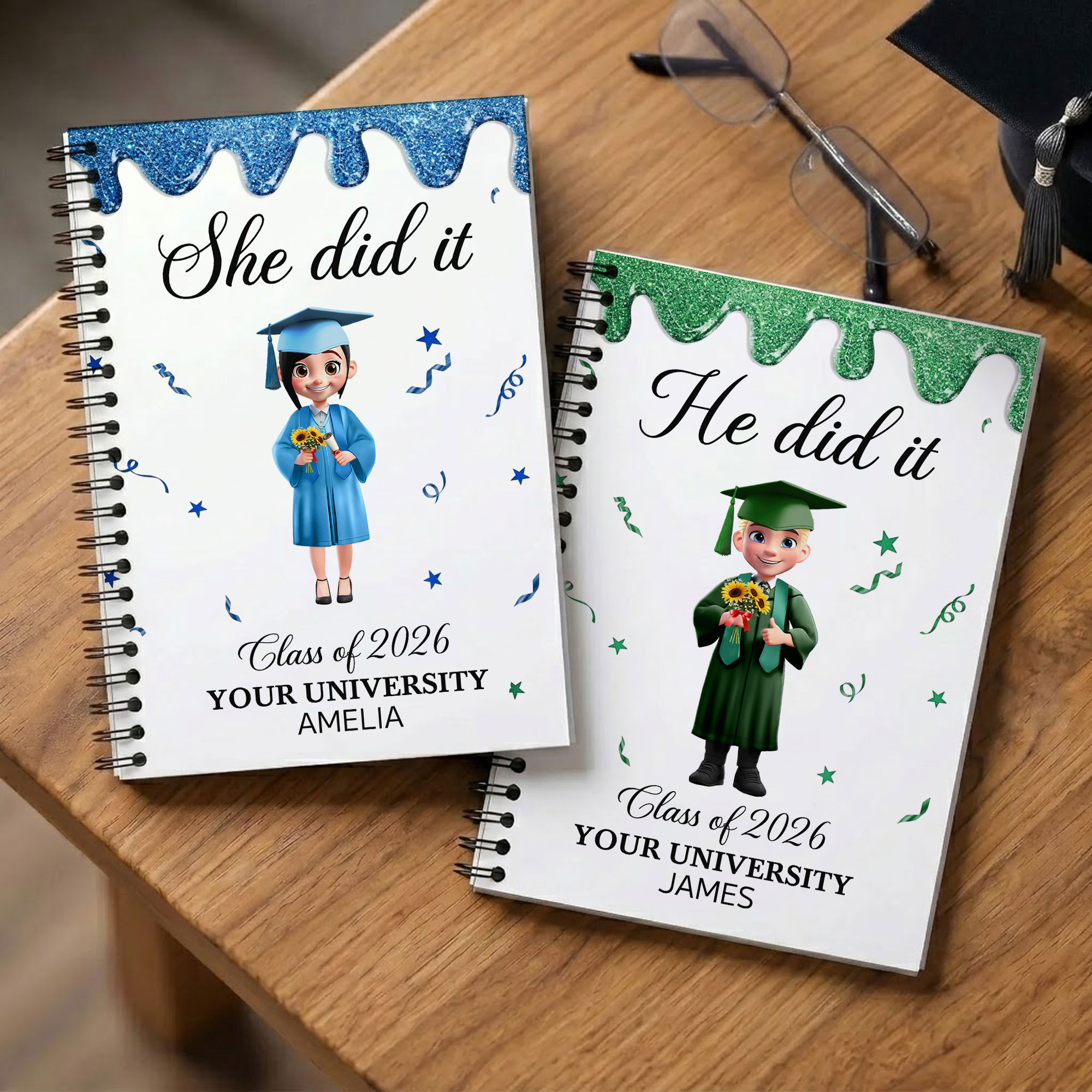 Personalisiertes „She/He Did It“-Cartoon-Charakter-Notizbuch im A5-Format mit Spiralbindung und 120 linierten Seiten – Abschlussgeschenk für Absolventen