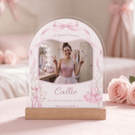 Personalized Pink Shining Ballet Moment Name Acrylic Photo Frame Ornament with Photo and Wood Base Anniversary Birthday Gift for Ballet Lovers