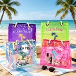 Personalized Holographic Neon Palm Tree Flamingo Transparent Tote Bag with Name and Text Travel Essential Beach Party Birthday Gift for Woman Girl
