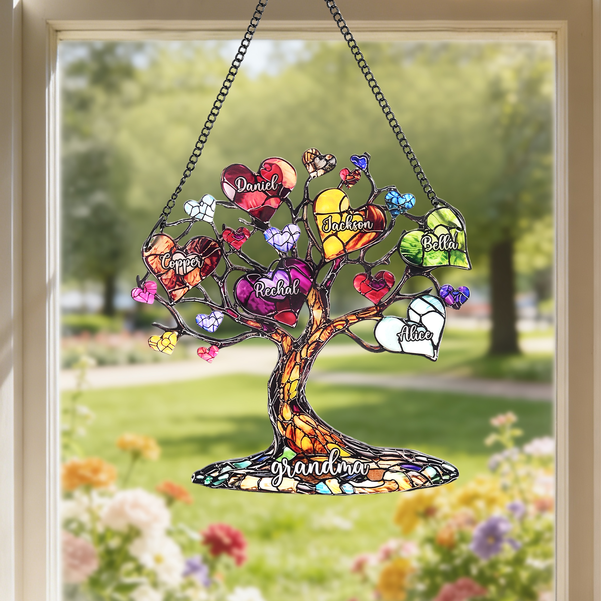Personalised Family Tree Glass Suncatcher Ornament Art Heart with Names and Text Window Hanging Home Decor Birthday Gift for Mum