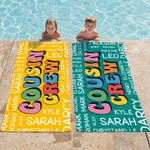 Personalised Cousin Crew Kid Word Cloud Oversized Quick Dry Beach Towel with Name Summer Holiday Essential Birthday Gift for Kids