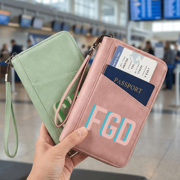 Personalized Multicolor Initials Large Capacity PU Leather Wallet with Wrist Strap Travel Essential Family Gift for Traveler Couple