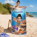 Personalised Cute 3D Diving Character Quick Dry Microfiber Tassel Beach Towel with Name and Drawstring Bag Summer Vacation Gift for Kid Adult