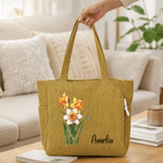 Personalised Multicolour Birth Flower Floral Large Capacity Tote Bag with Name Daily Use Birthday Gift for Friend Woman
