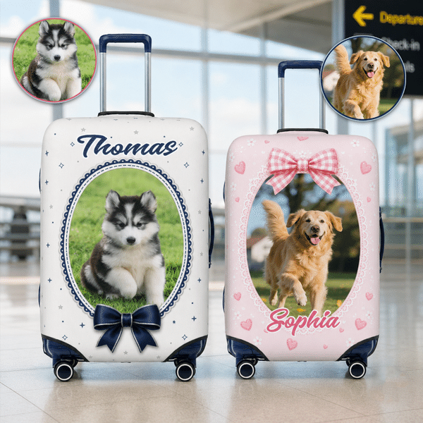 Personalised Bow Heart Flower Pattern Pet Photo Luggage Cover with Name Fits 18-32 Inches Suitcase Birthday Gift for Travel Lover Pet Owner