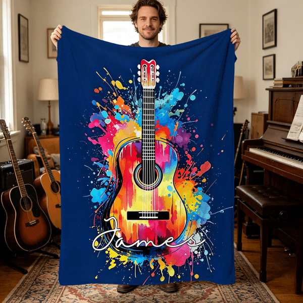 Personalized Splatter Oil Musical Instrument Pattern Soft Throw Blanket with Name Home Decor Birthday Daily Use Gift for Music Instrument Lovers