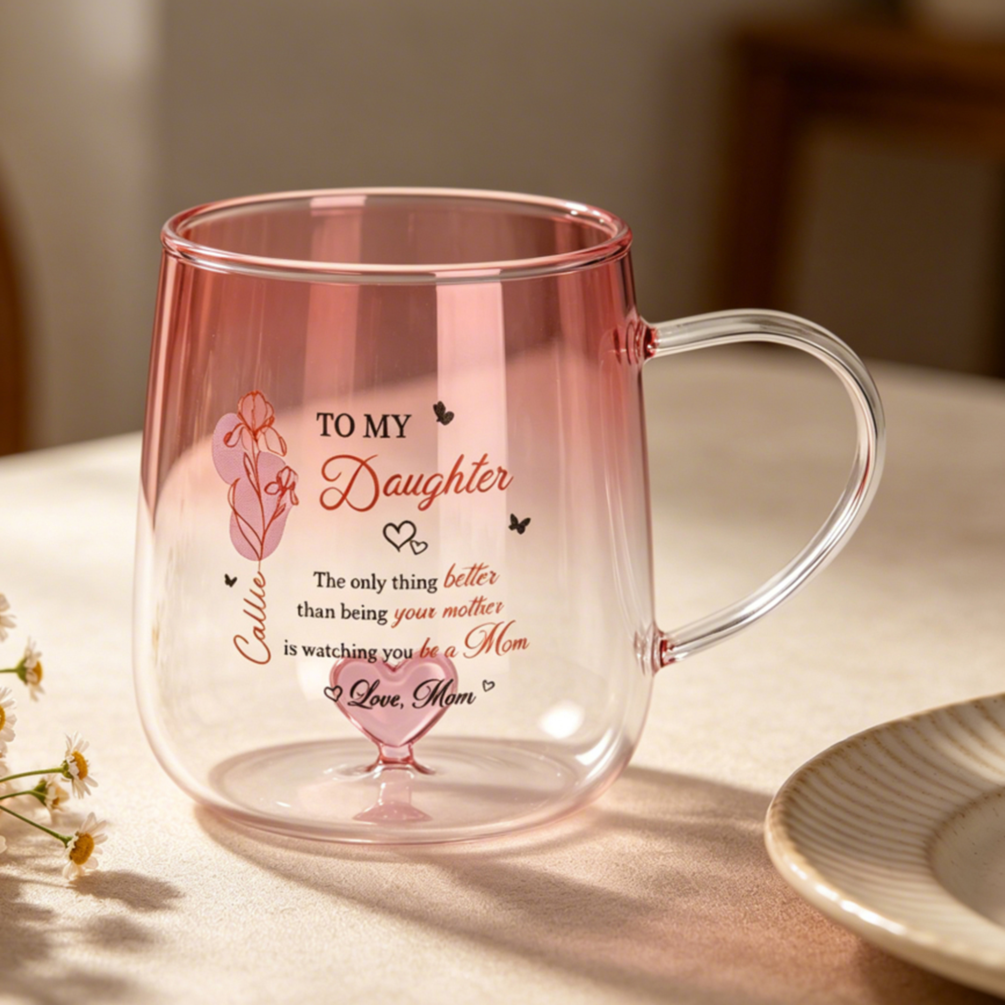 Personalisierte 3D-Herz-Weihnachtskugel mit Geburtsblume – hitzebeständige Glas-Tasse mit Namen – Erster Muttertag für die Tochter