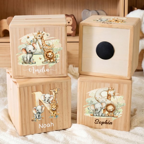 Personalised Initial Cute Animal Pattern Wooden Cube Money Box with Name Kids Room Decor Birthday Children's Day Gift for Boys Girls
