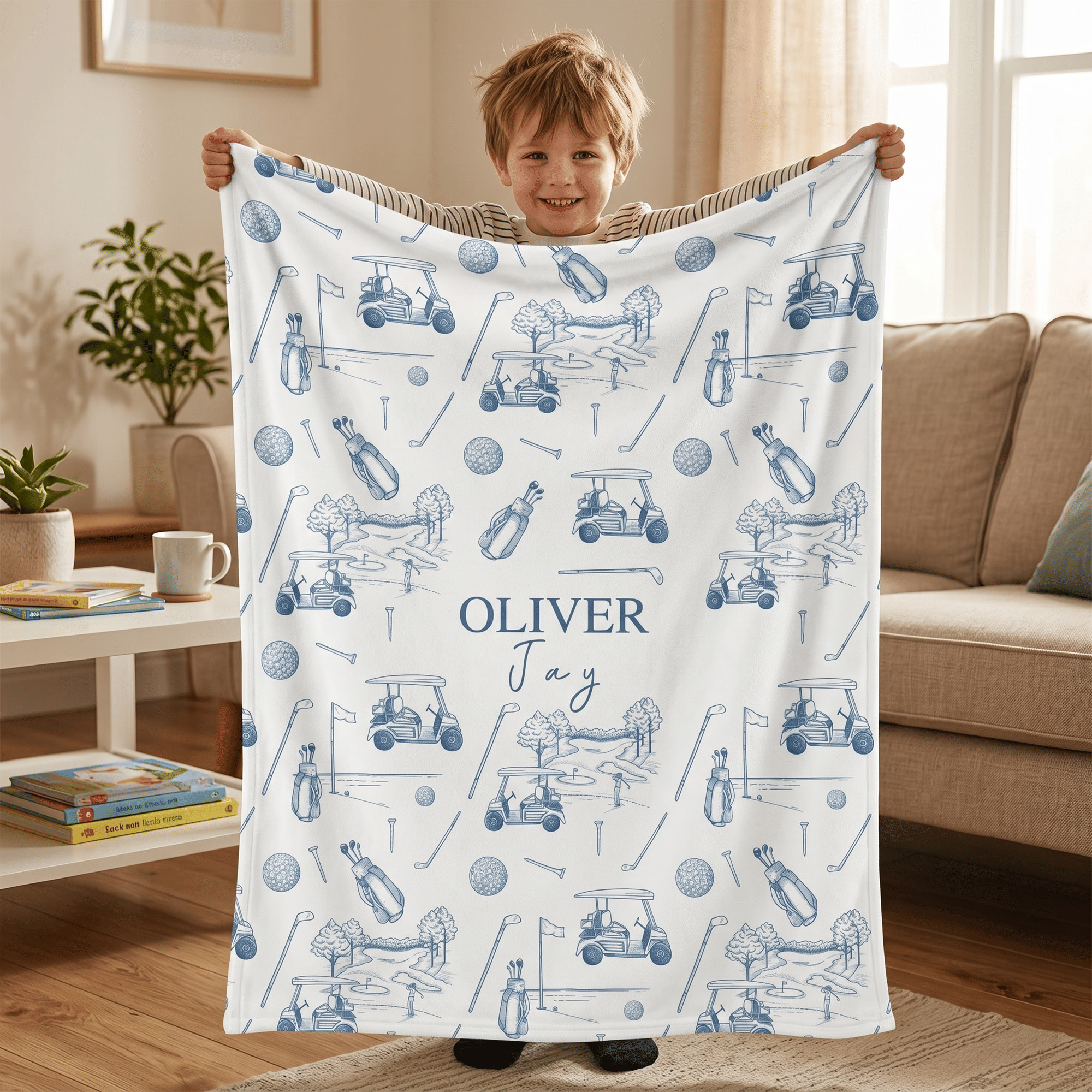 Individuell gestaltete Golf-Motiv-Babydecke mit Quaste – weiche Kuscheldecke mit Namen, Wohnaccessoire, Geschenk zur Babyparty oder zum Geburtstag für Neugeborene und frischgebackene Eltern
