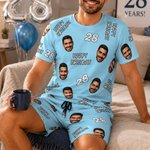 Personligt anpassat, flerfärgat pyjamas-set med ansiktsfoto, mjukt tyg och korta ärmar för både män och kvinnor, med text och siffra – en perfekt födelsedagspresent till familj och vänner