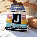Personalised Striped Drawstring Beach Backpack with Name and Initial Beach Party Birthday Gift for Friends Adults