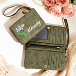 Personalized Birth Flower Tri-Fold PU Leather Wristlet Wallet with Card Holder and Name Daily Use Birthday Anniversary Gift for Woman Mom