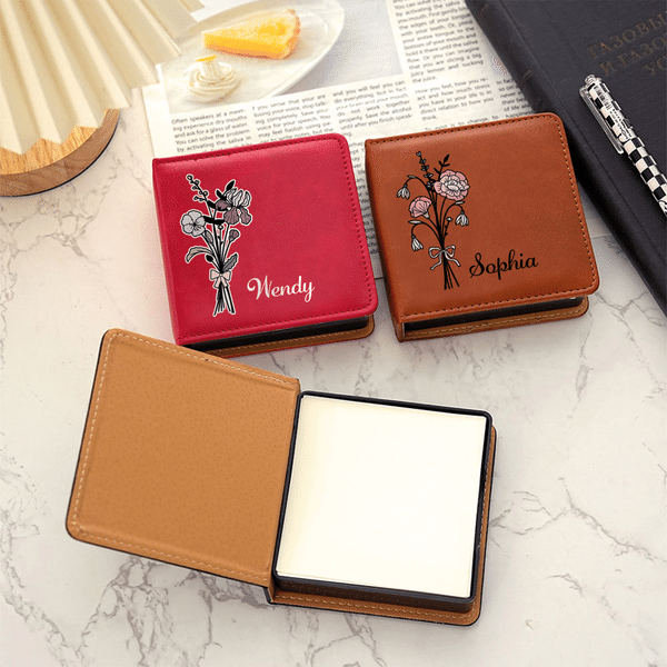 Personalized Multicolour Birth Flower PU Leather Classic Sticky Notepad Holder with Name Desk Organizer Birthday Office Gift for Colleagues Friends