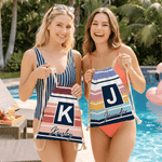 Personalised Striped Drawstring Beach Backpack with Name and Initial Beach Party Birthday Gift for Friends Adults