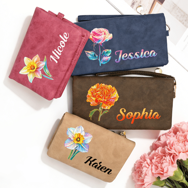 Personalized Birth Flower Tri-Fold PU Leather Wristlet Wallet with Card Holder and Name Daily Use Birthday Anniversary Gift for Woman Mom