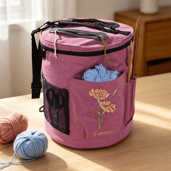 Personalised Multicolour Birth Flower Oxford Cylindrical Storage Bag with Name Daily Use Birthday Gift for Crochet Lover Mum Gran