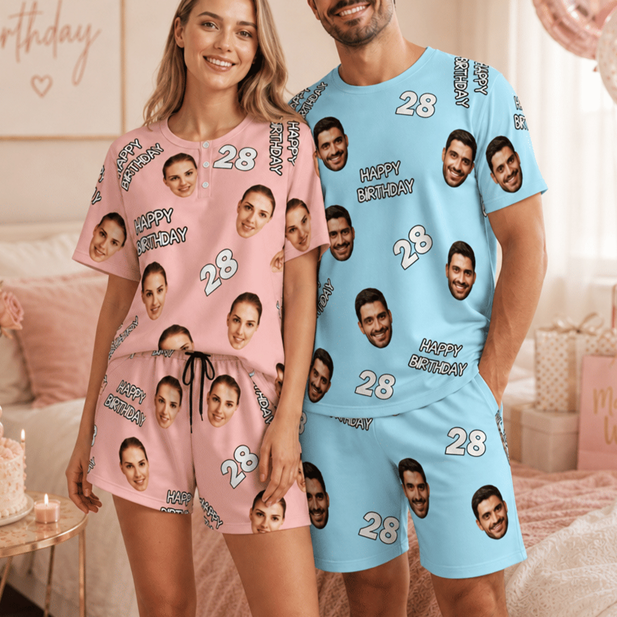 Individuell gestaltetes, mehrfarbiges Pyjama-Set mit Gesichtsmotiv, weichem Stoff und kurzen Ärmeln für Damen und Herren – mit Text und Zahl – als Geburtstagsgeschenk für Familie und Freunde