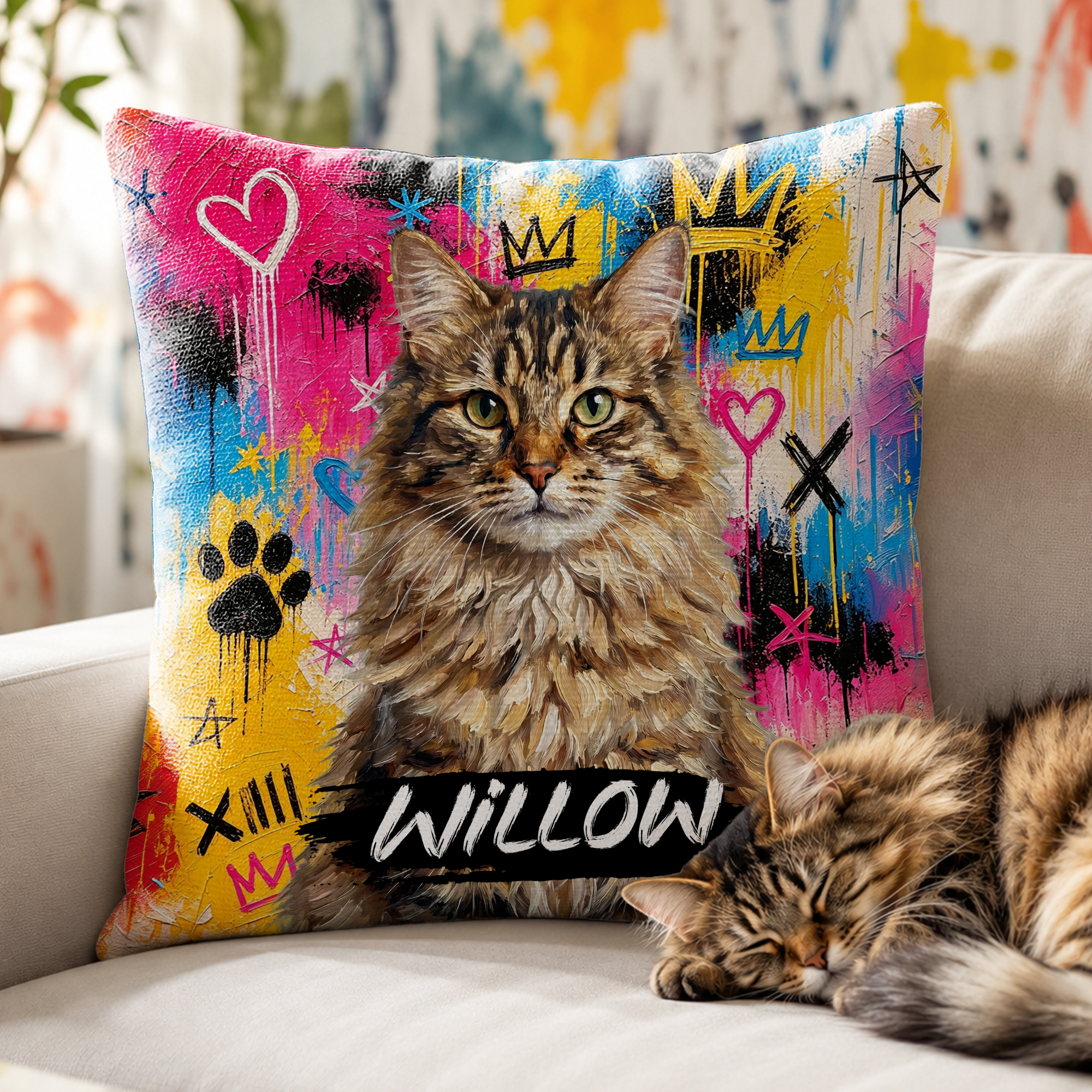 Individuell gestalteter, weicher Kissenbezug im Graffiti-Ölgemälde-Stil mit Haustierfoto und Namen – Geschenk zum Adoptionsjubiläum oder Geburtstag für Katzen- und Hundebesitzer